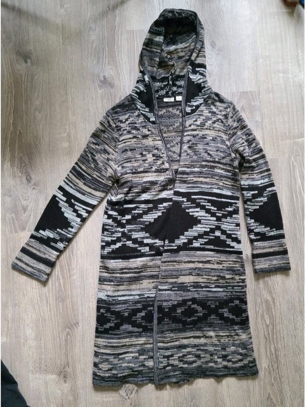 Cato Womens L Long Cardigan Open Front Hooded Aztec Southwest Gray Long Sleeve